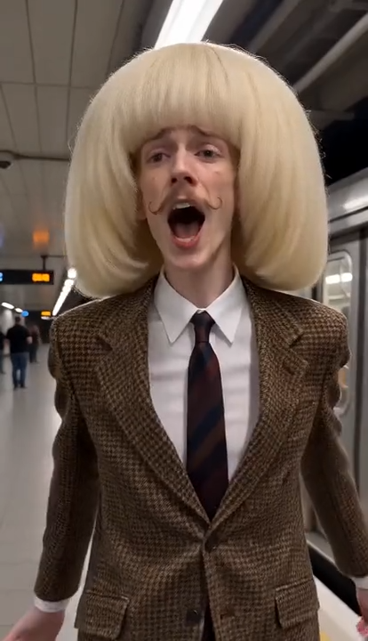 Subway platform heartbreak singing moment in the train run AI template