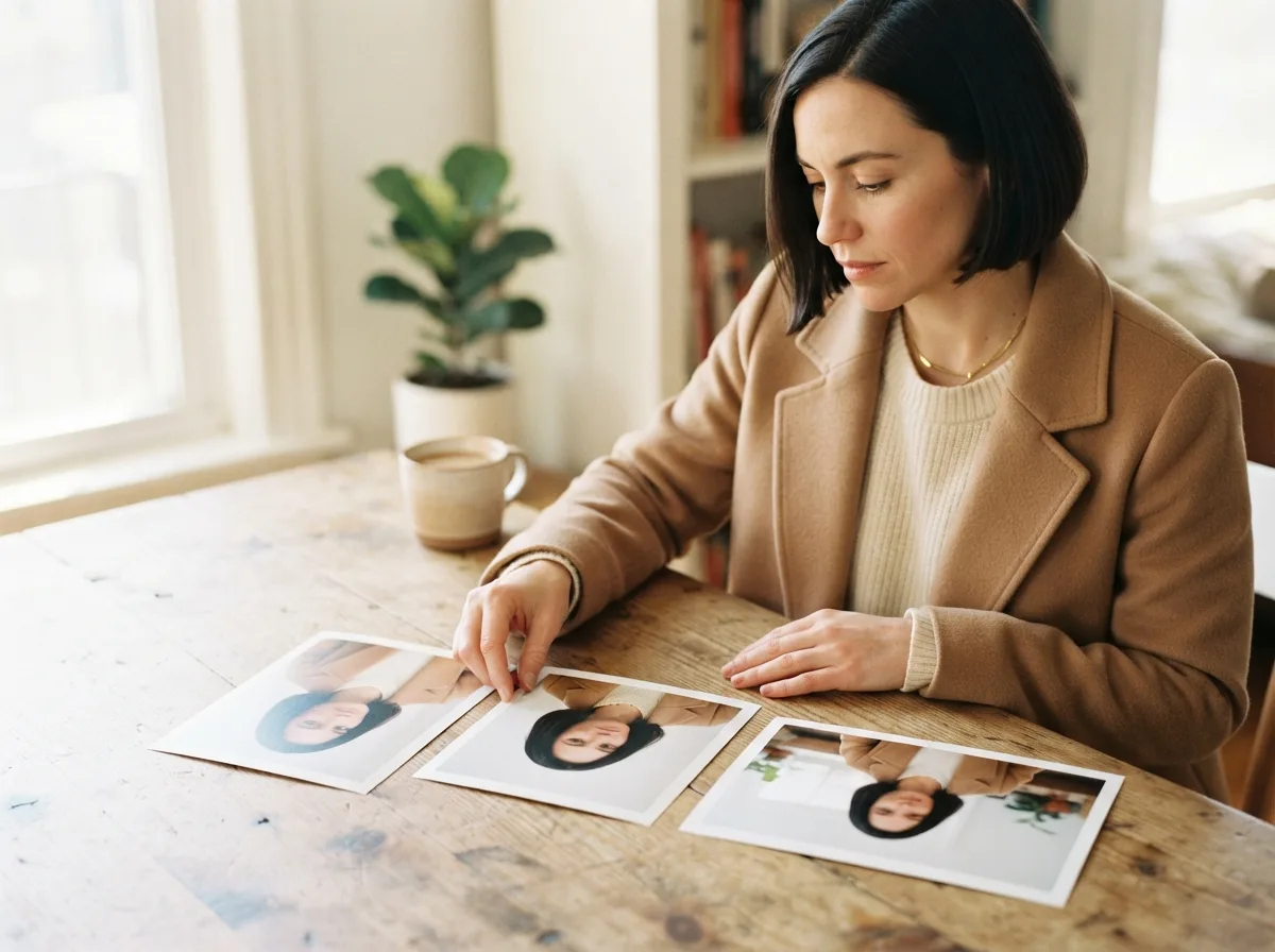 Uma mulher escolhe entre recortes impressos do mesmo retrato