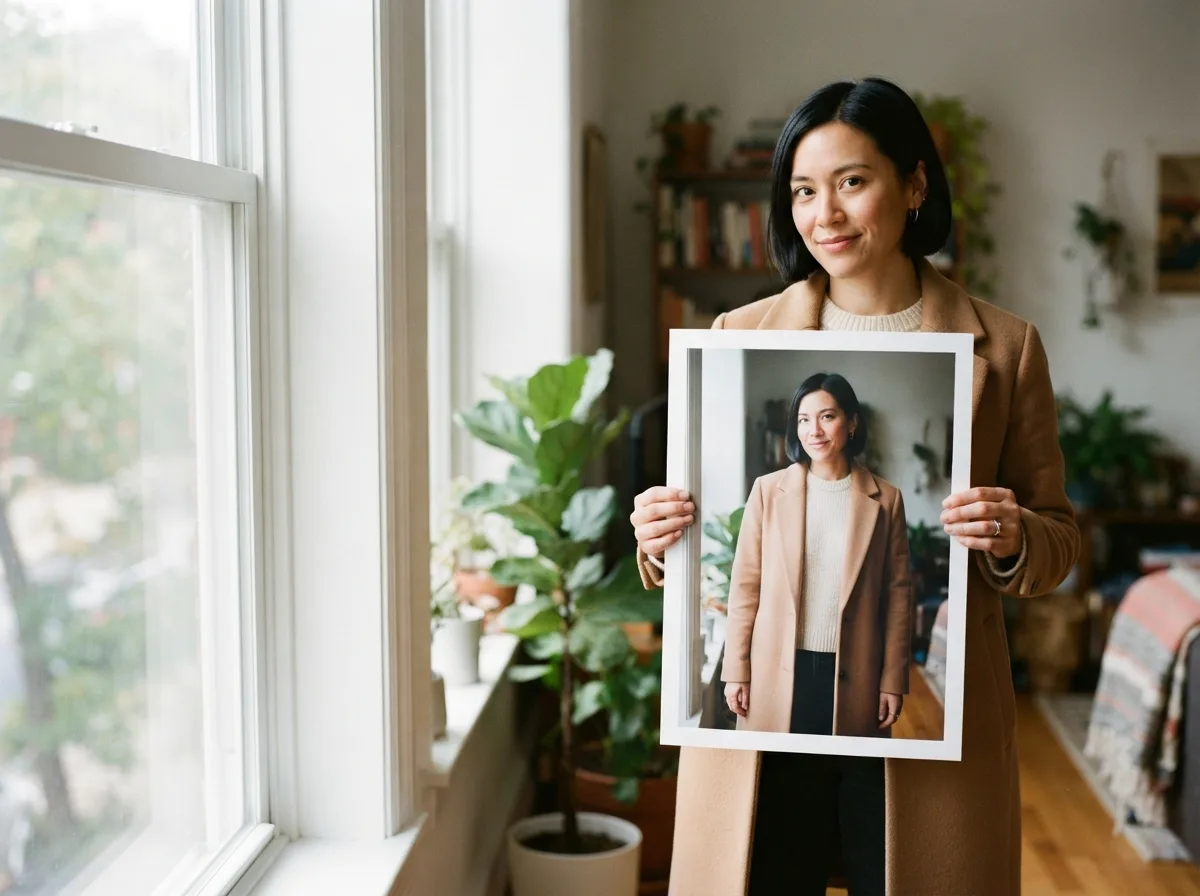 Uma mulher segura um retrato impresso de si mesma ao lado de uma janela clara